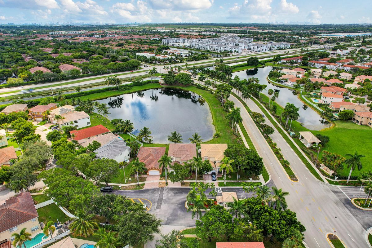 Drone aerial photography of a Weston, Florida single family waterfront community